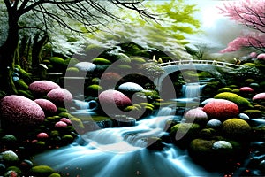 a beautiful scene for wallpaper where a stream runs through the garden with a small bridge going over it.
