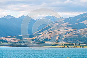 Beautiful scene of the yellow grassland mt cook and lake tekapo before sunset. I