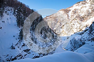 Beautiful sceneric view of Caucasus mountain. The way to mountain with pine forest covered with snow in winter season at Mestia