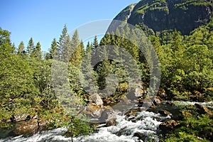 Beautiful scenery along the mountain hike to lake Myrdalsvatnet & Bondhus Lake, near Rosendal, Folgefonna National Park, Norway