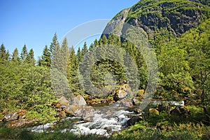 Beautiful scenery along the mountain hike to lake Myrdalsvatnet & Bondhus Lake, near Rosendal, Folgefonna National Park, Norway.