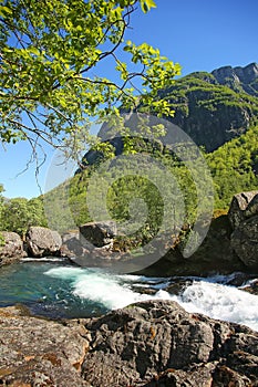 Beautiful scenery along the mountain hike to lake Myrdalsvatnet & Bondhus Lake, near Rosendal, Folgefonna National Park, Norway