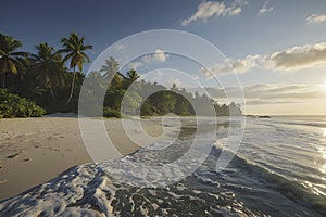 Beautiful scenery of beach, ocean, wave, and island. Beach and island illustration.