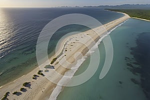 Beautiful scenery of beach, ocean, wave, and island. Beach and island illustration.