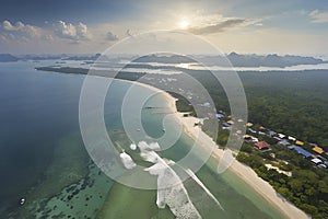 Beautiful scenery of beach, ocean, wave, and island. Beach and island illustration.