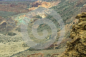 Beautiful scenery of caldera and Roques de Garcia. View from the mountain range surrounding the Teide volcano. National Park Teide