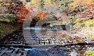 Beautiful scenery of a cascading stream and autumn foliage in the rural area of Kyoto, Japan