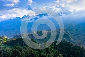 Beautiful scenery of Cat Cat village. Rice field terraces. Mountain view in the clouds.