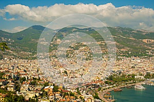 Beautiful scenery on the city, sea, mountain, ships. Alanya, Antalya district, Turkey, Asia