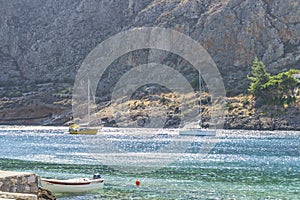 Beautiful scenery from the coastal village of Gerolimenas and the old harbor. It is a small picturesque fishing village in Mani