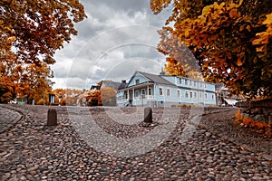 Beautiful scenery, cobbles and wooden houses on the island of Suomenlinna, a journey through the islands of Finland