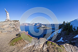 Beautiful scenery of Crater Lake and Wizard Island in summer as seen from the north rim