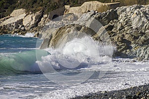 Beautiful scenery of crazy sea waves splashing in Varazze, Italy