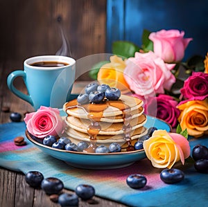 Beautiful scenery with a cup of hot coffee, pancakes, blueberries and multicoloured roses