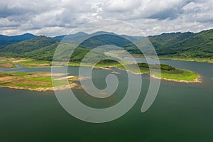 Beautiful scenery of dam with mountain and lake view at Thailand, Asia