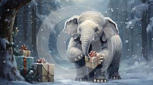 elephant and gifts in the winter wallpaper for christmas festivel card by Generative AI photo