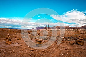 Beautiful scenery of the famous Monument Valley in Utah under a cloudy sky