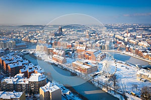 Beautiful scenery of Gdansk over Motlawa river at snowy winter, Poland