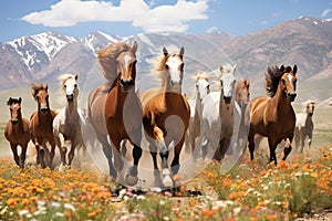 Beautiful scenery of a herd of horses galloping across a vibrant green field landscape