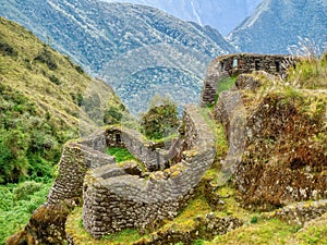 Beautiful scenery, with Incan ruins along the famous Inca Trail to Machu Picchu in Peru.