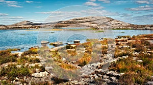 Beautiful scenery of irish landscape with lakes and mountains at Burren National Park in Ireland