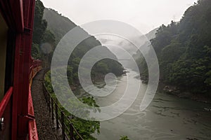 Beautiful scenery of the Katsura river seen from the red wagons of the Sagano Scenic Railway