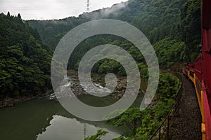 Beautiful scenery of the Katsura river seen from the red wagons of the Sagano Scenic Railway