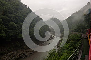 Beautiful scenery of the Katsura river seen from the red wagons of the Sagano Scenic Railway