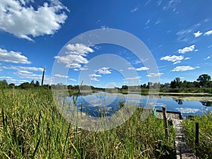 Beautiful scenery of a lake in green field under blue cloudy sky