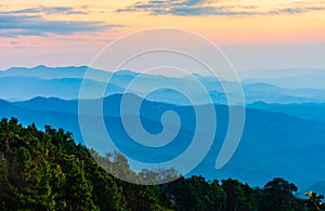 Beautiful scenery landscape of rainforest on mountain ridge with mist at sunset in the evening