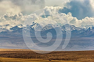 Beautiful scenery of landscape and snowy Himalayas of Zhada County behind in Tibet, China