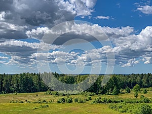 Beautiful scenery landscape with wild meadow, forest and expressive cloudscape. Summer day scene.