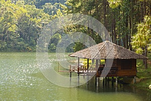 Beautiful scenery of lodging house beside the lake in the morning