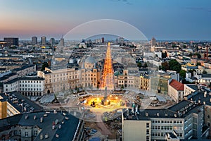 Beautiful scenery of Lodz city center with Piotrkowska street at dawn, Poland photo