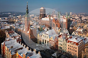 Beautiful scenery of the Main Town in Gdansk at snowy winter, Poland