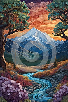 Beautiful scenery, mountain, river, trees, flowers, paper art, paper illustration, magical, fantasy, sunset, t-shirt design