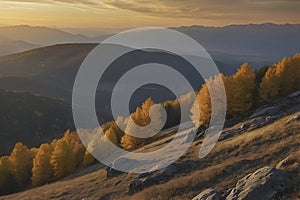 Beautiful scenery of mountains, tree , and forest in autumn.