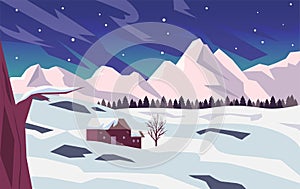 Beautiful scenery of nature landscape in winter with snow, forest, mountains, and cabin. Banner background vector illustration