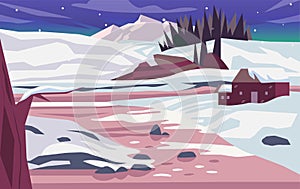 Beautiful scenery of nature landscape in winter with snow, forest, mountains, and cabin. Banner background vector illustration