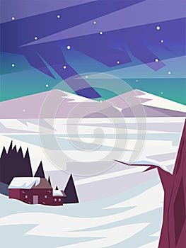 Beautiful scenery of nature landscape in winter with snow, forest, mountains, and cabin. Banner background vector illustration