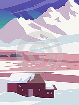 Beautiful scenery of nature landscape in winter with snow, forest, mountains, and cabin. Banner background vector illustration