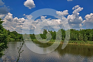 Beautiful scenery of the nature of the Ukrainian forest and rivers on a summer evening