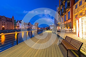 Beautiful scenery of the old town in Gdansk over Motlawa river at dawn, Poland