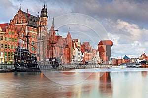 Beautiful scenery of the old town in Gdansk over Motlawa river at dawn, Poland