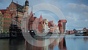 Beautiful scenery of the old town in Gdansk over Motlawa river, Poland.