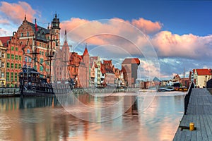 Beautiful scenery of the old town in Gdansk over Motlawa river at sunrise, Poland