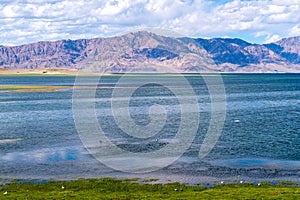 Beautiful scenery of Pangong Tso lake with  blue sky  white clouds in China side