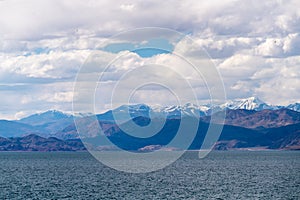 Beautiful scenery of Pangong Tso lake with  blue sky  white clouds in China side