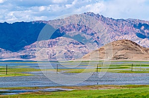 Beautiful scenery of Pangong Tso lake with  blue sky  white clouds in China side