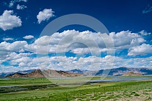 Beautiful scenery of Pangong Tso lake with  blue sky  white clouds in China side